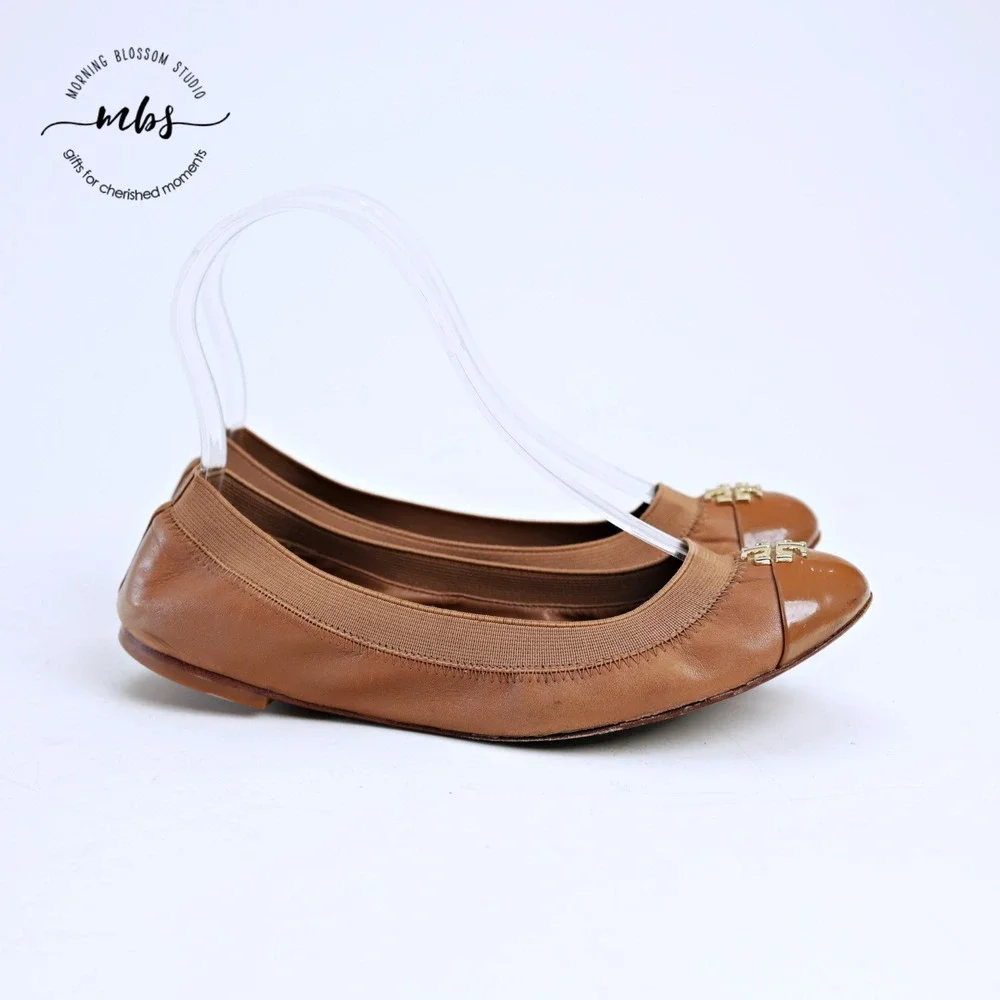 Tory Burch Jolie Cap Toe‎ Classic Preppy Leather Ballet Flats Brown Gold Women 6